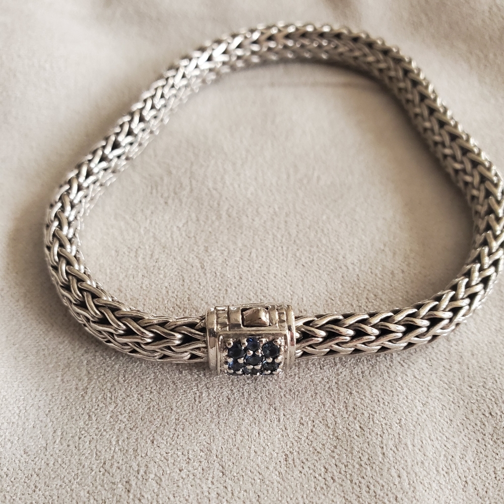 JOHN HARDY STERLING SILVER WHEAT CHAIN 6.5MM BRACELET W/BLUE SAPPHIRE CLASP
